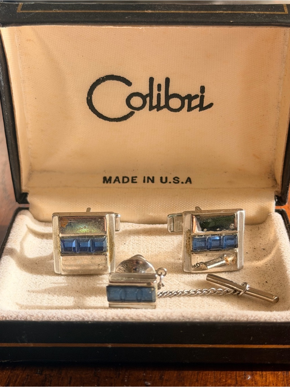 Men's Vintage Silver and Sapphire Cufflinks & Tie Clip Set with Box